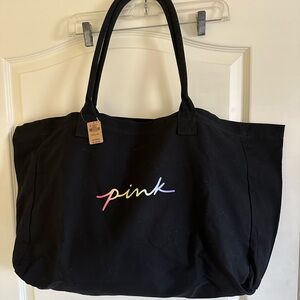 PINK Victoria's Secret Black Canvas Tote Bag with Script Logo